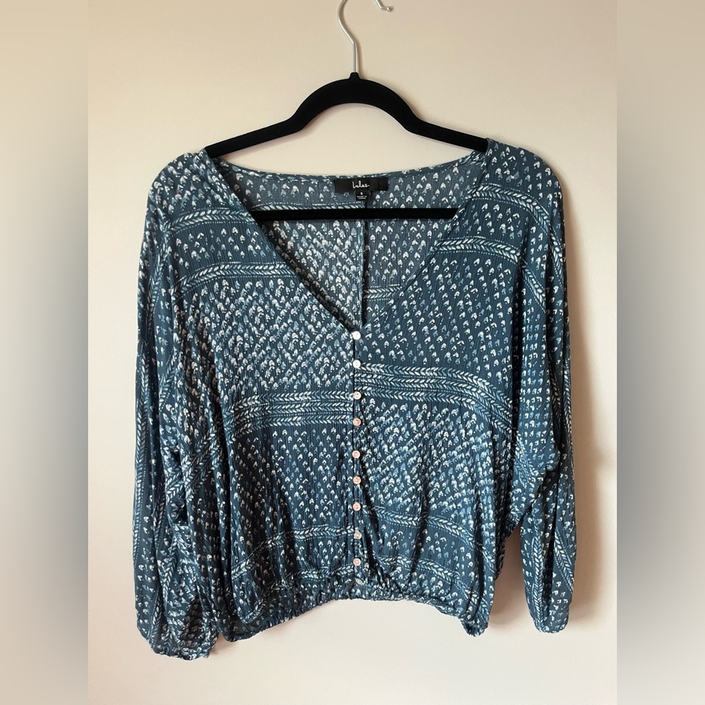 Lulus Carrissa Blue Print Long Sleeve Button Front Top Size Small
